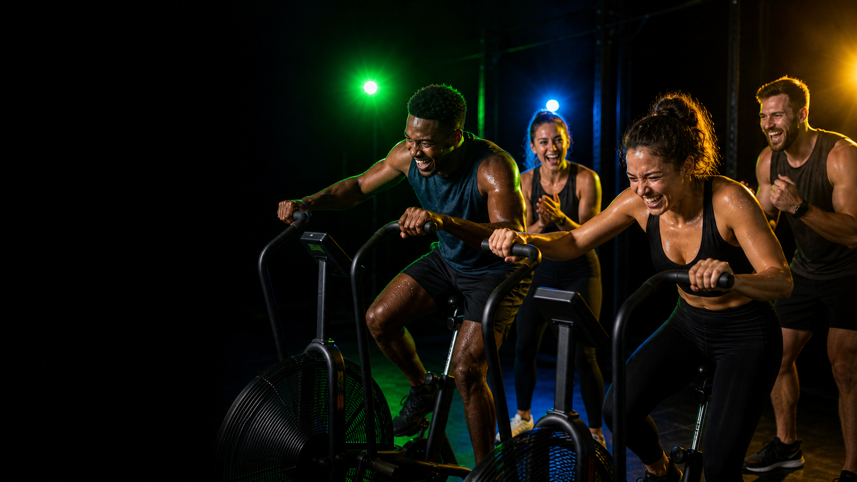 Two friends encouraging each other during an air bike workout