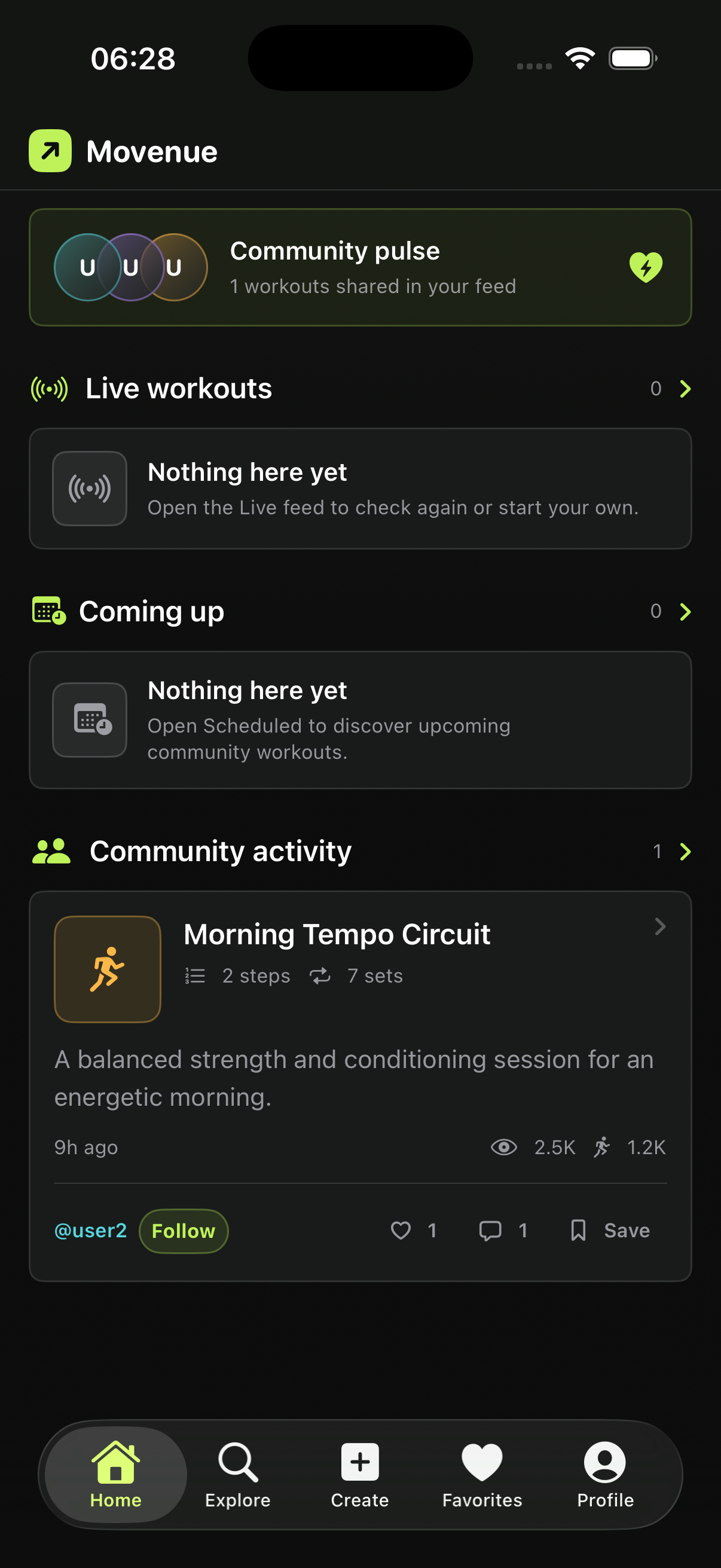 Current Movenue community home interface in dark appearance