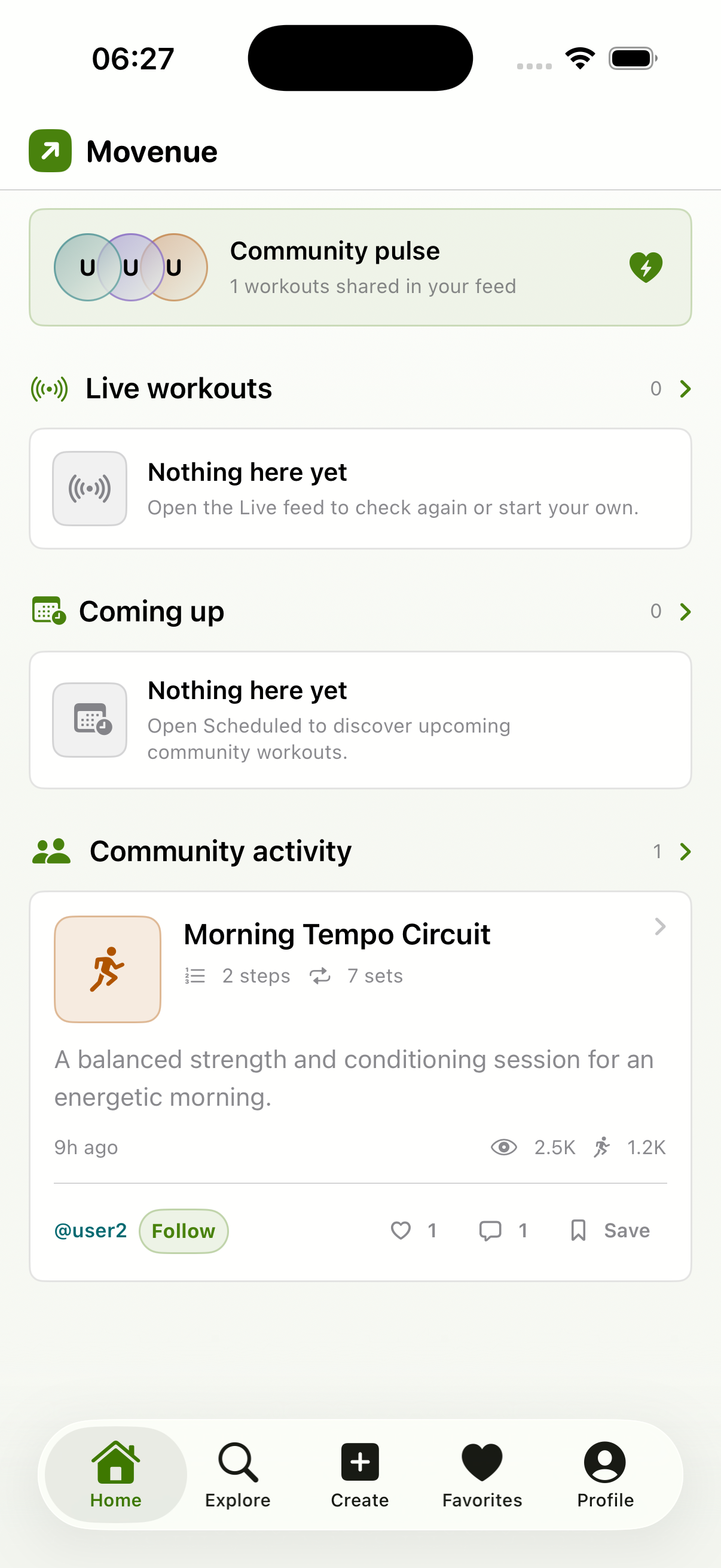 Current Movenue community home interface in light appearance