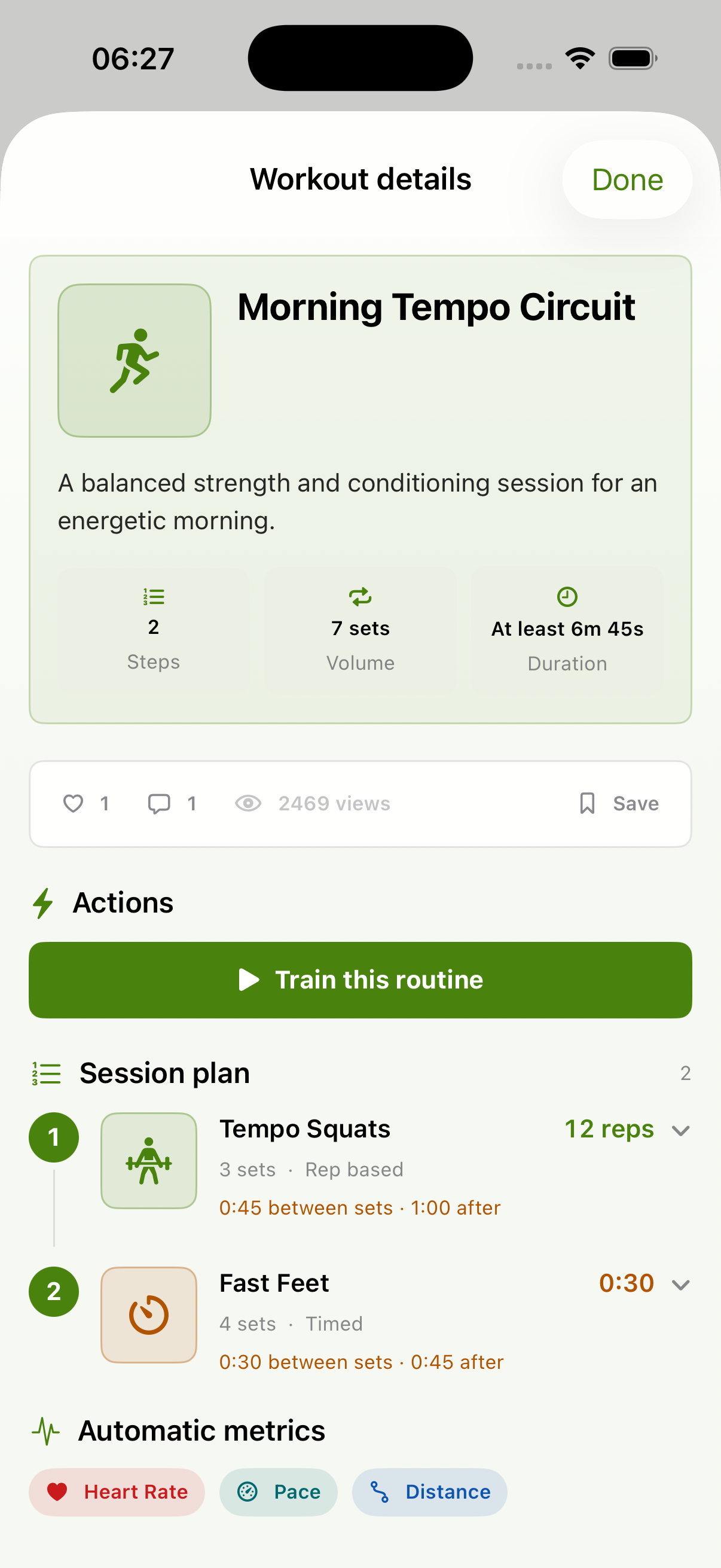 Current Movenue routine detail showing an ordered session plan